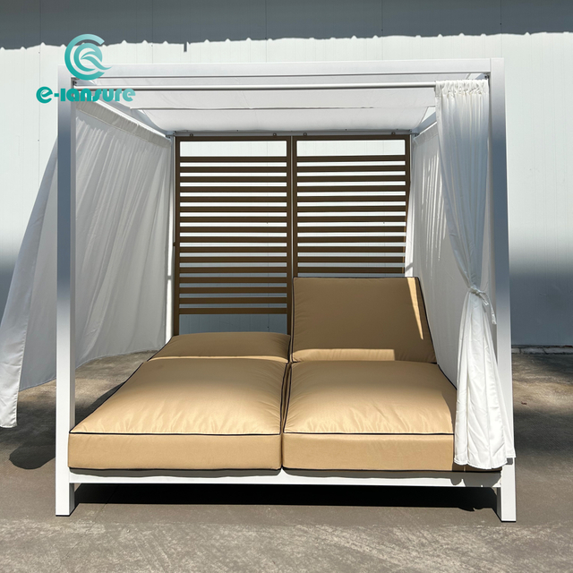Powder Coated Aluminum Backrest Daybed with Sheet Curtains Outdoor Double Sun Loungers for Patio