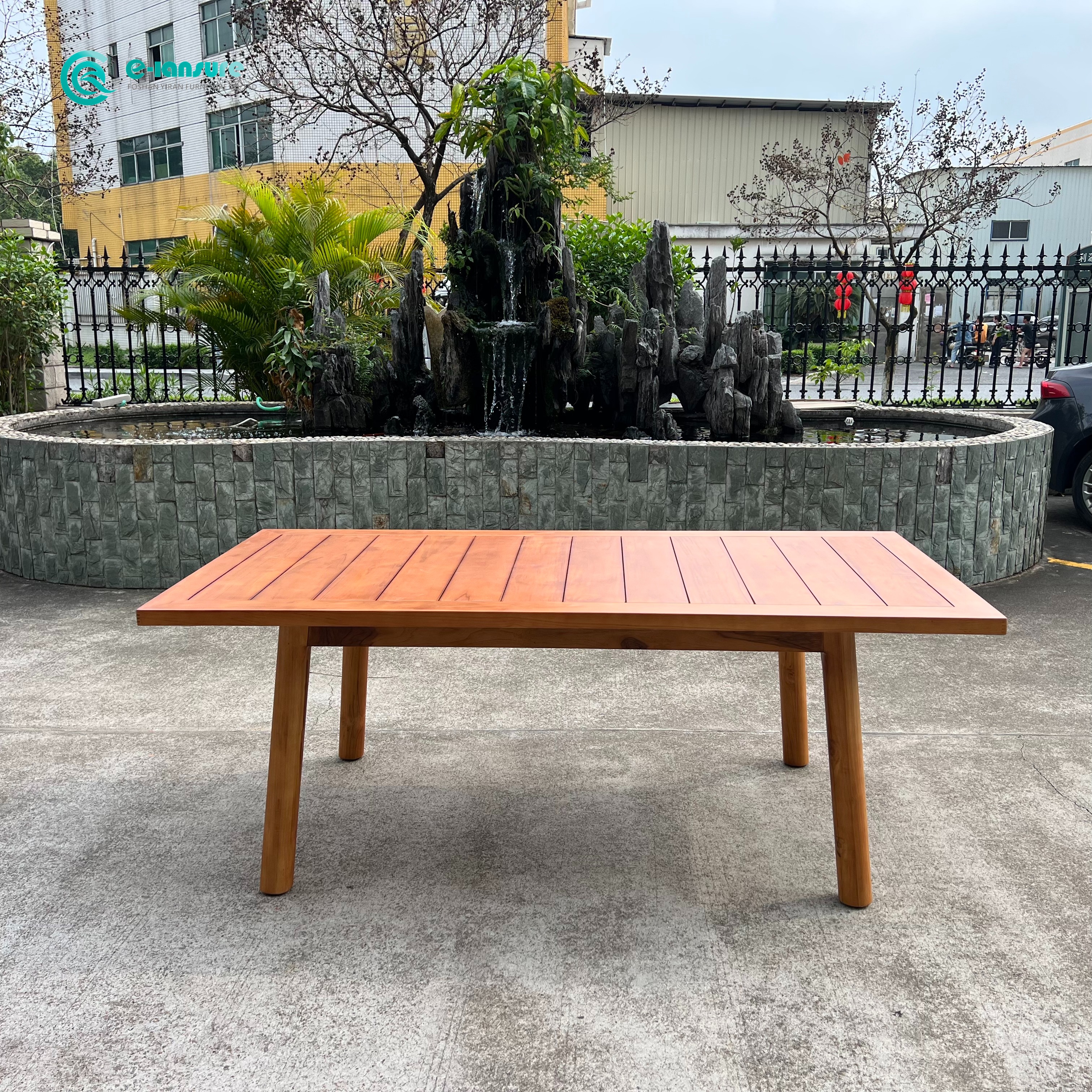 Meja Makan Segiempat Segiempat Kayu Jati Luaran Meja Makan Tahan Lama Dengan Kerusi Anyaman Tali