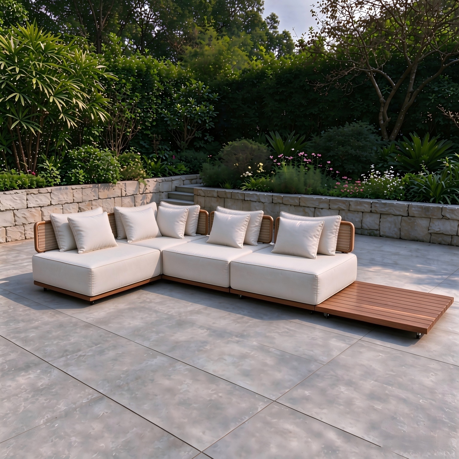 Rangka Aluminium Luaran Klasik Set Sofa Keratan Asas Kayu Jati Dengan Sandaran Rotan Anyaman