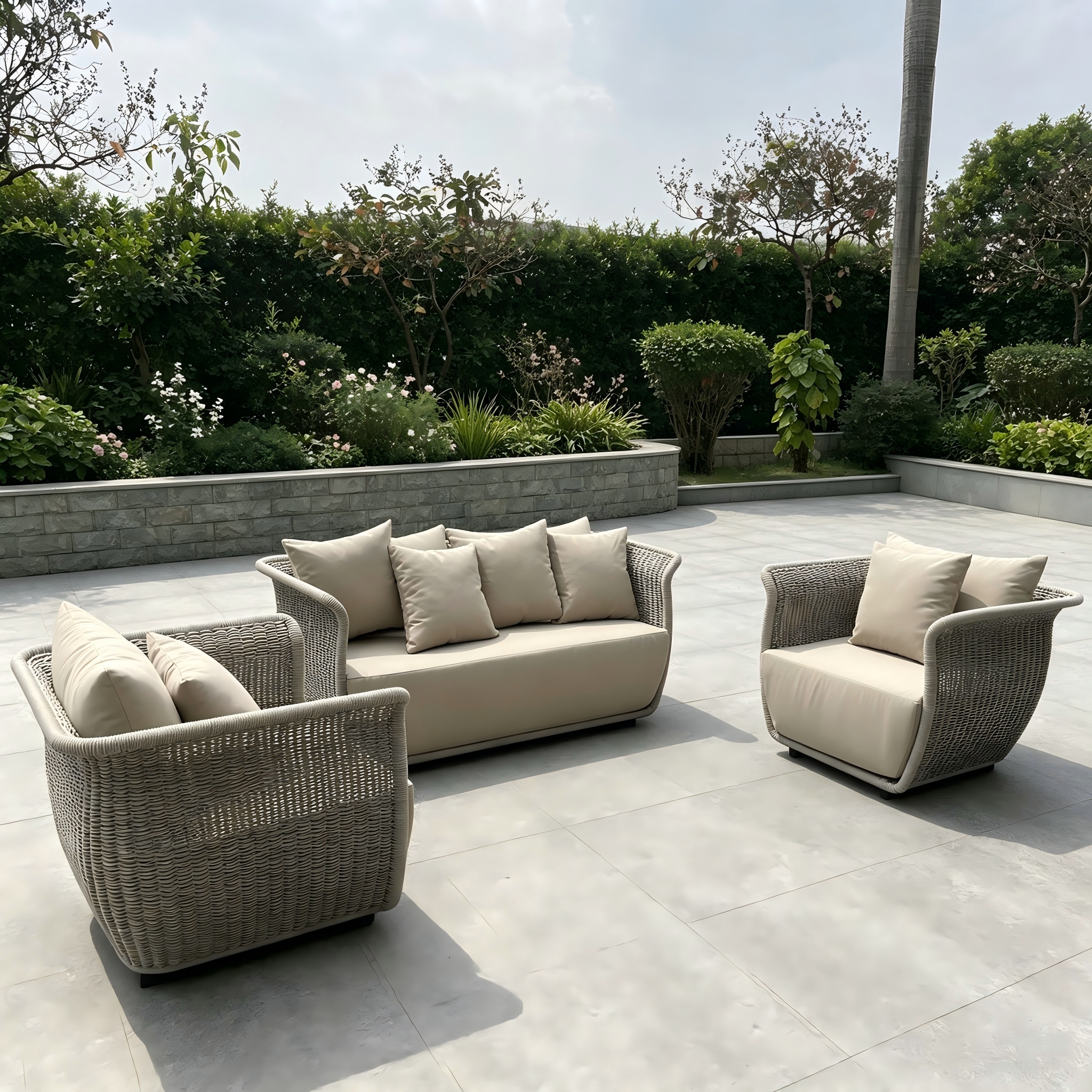 Muebles de jard&iacute;n minimalistas para exteriores, sof&aacute; con marco de aluminio y mesa de centro, elegante sof&aacute; tejido con cuerda para patio de Hotel