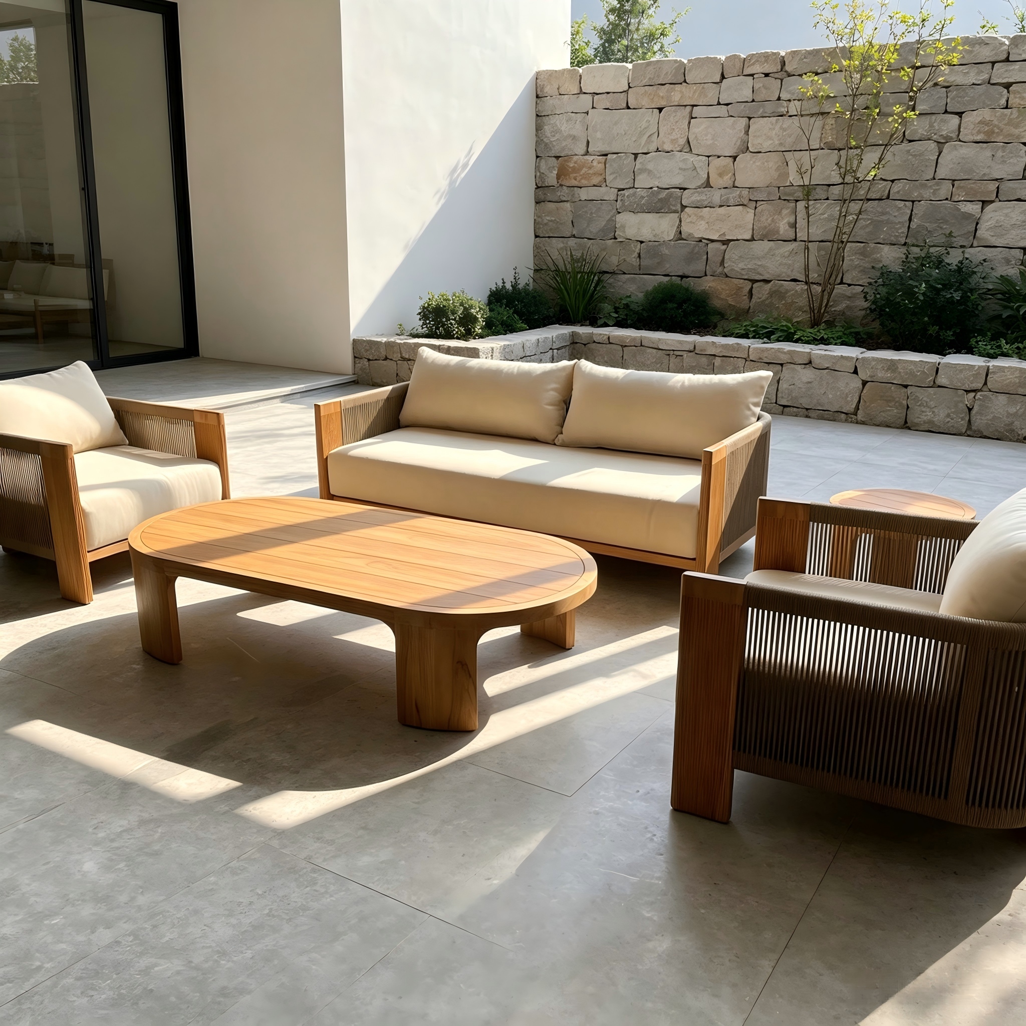 Perabot Kayu Jati Luaran Sofa Kayu Taman Dan Set Meja Kopi Perabot Sofa Tali Tenunan Patio untuk Halaman Vila Rumah