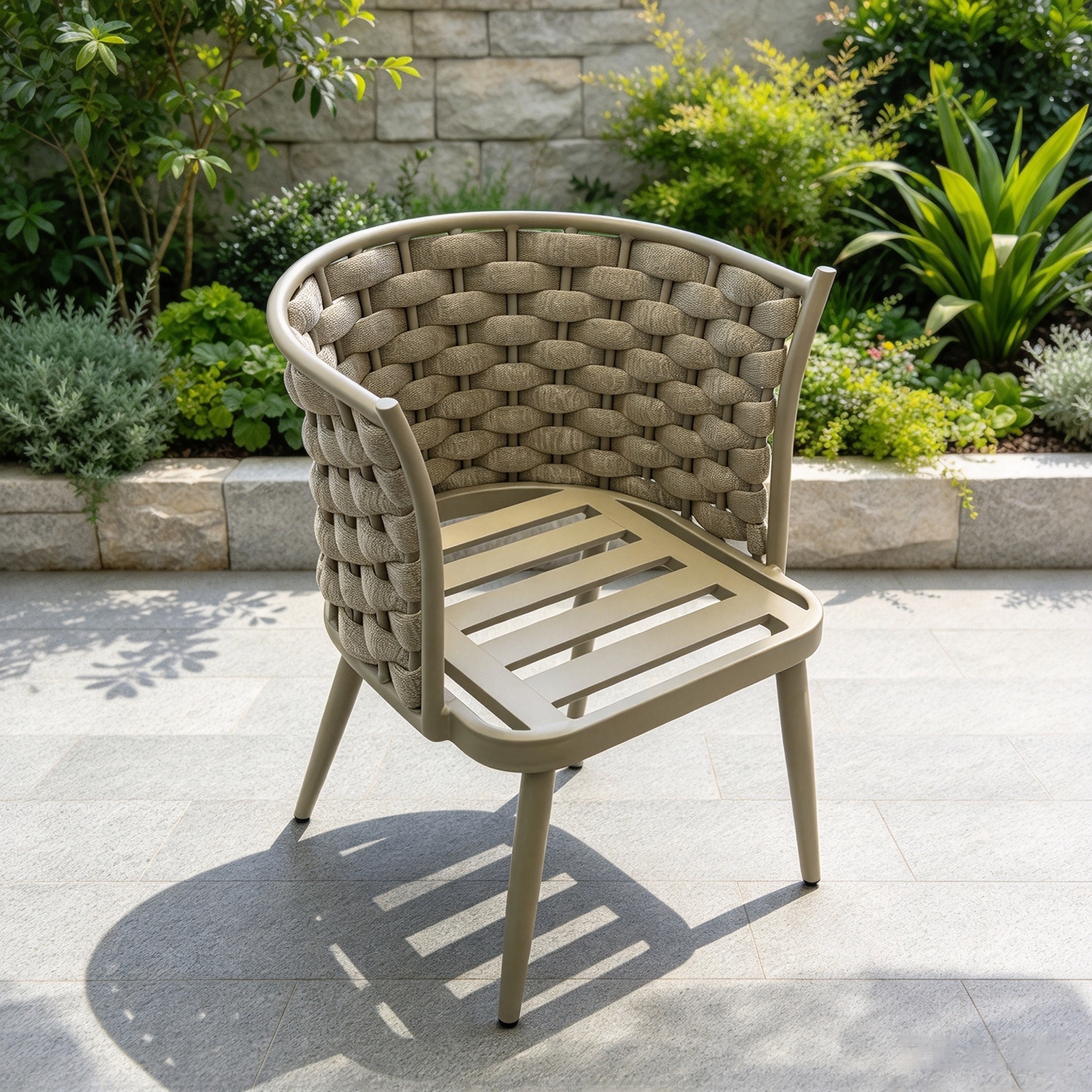 Gro&szlig;handel Aluminium-Essm&ouml;bel Eleganter Esszimmerstuhl aus gewebtem Seil Terrassen-Einzelstuhl Garten-Freizeitstuhl f&uuml;r das Heimrestaurant