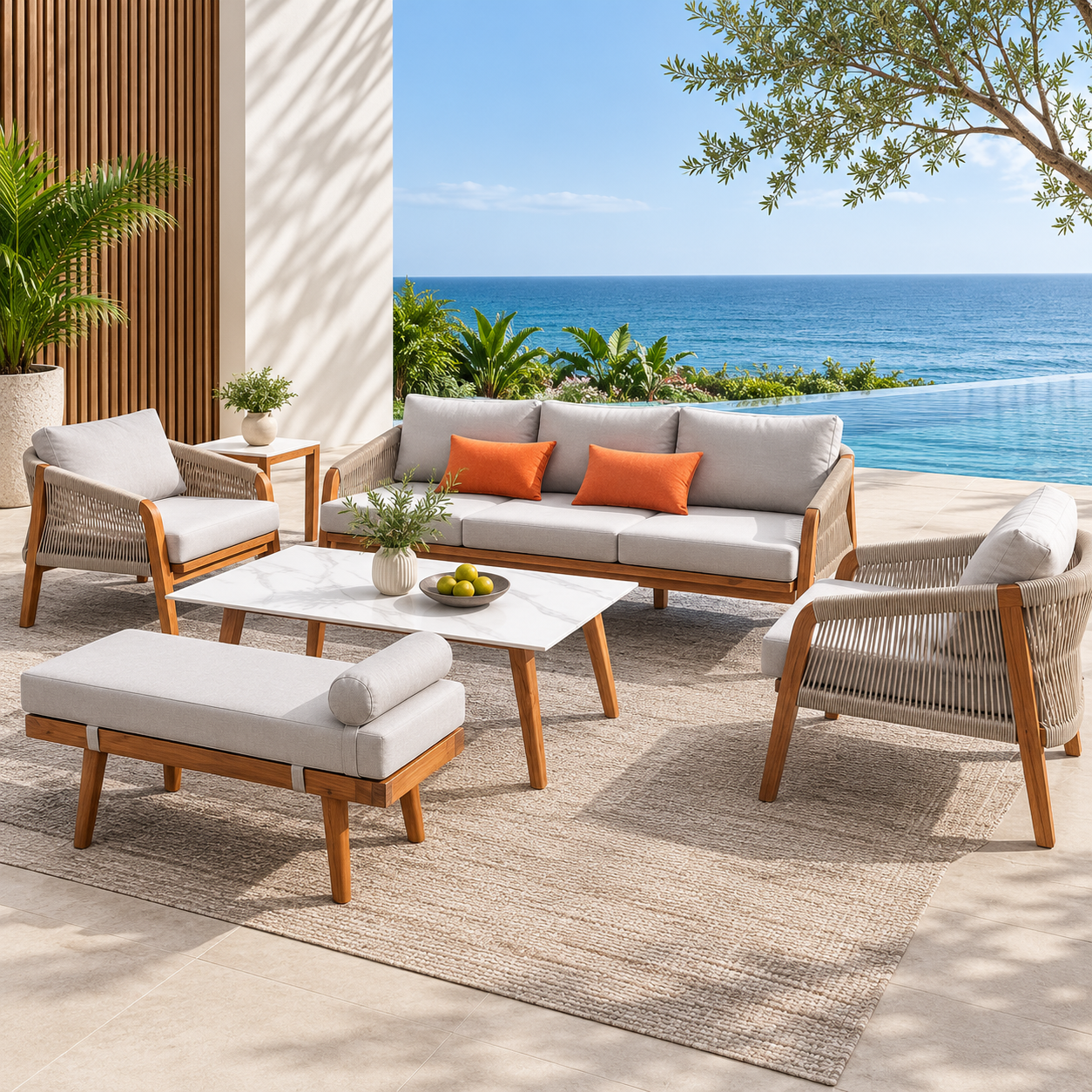 Retro stil udend&oslash;rs havem&oslash;bler Teak tr&aelig; sofas&aelig;t g&aring;rdhave tr&aelig; sofa stol med sofabord og osmannisk