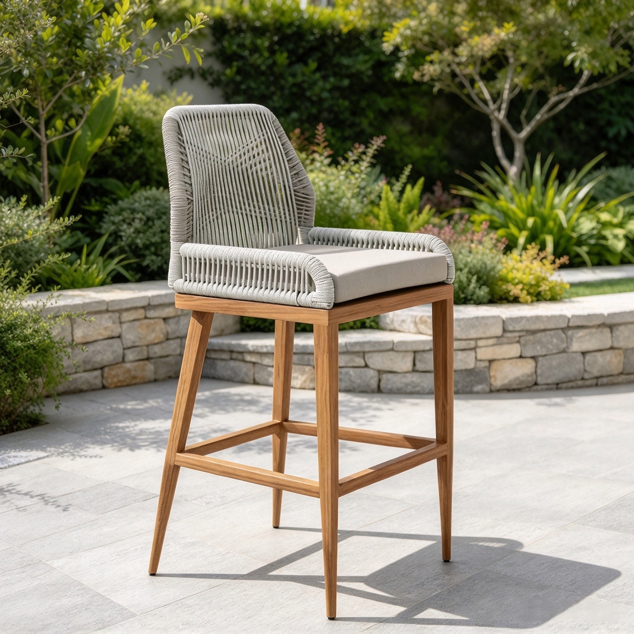 Retro-Stil, Gartenm&ouml;bel, Teakholzrahmen, Barstuhl, eleganter Terrassen-Seil-Hoher Barhocker f&uuml;r Outdoor-Restaurants 