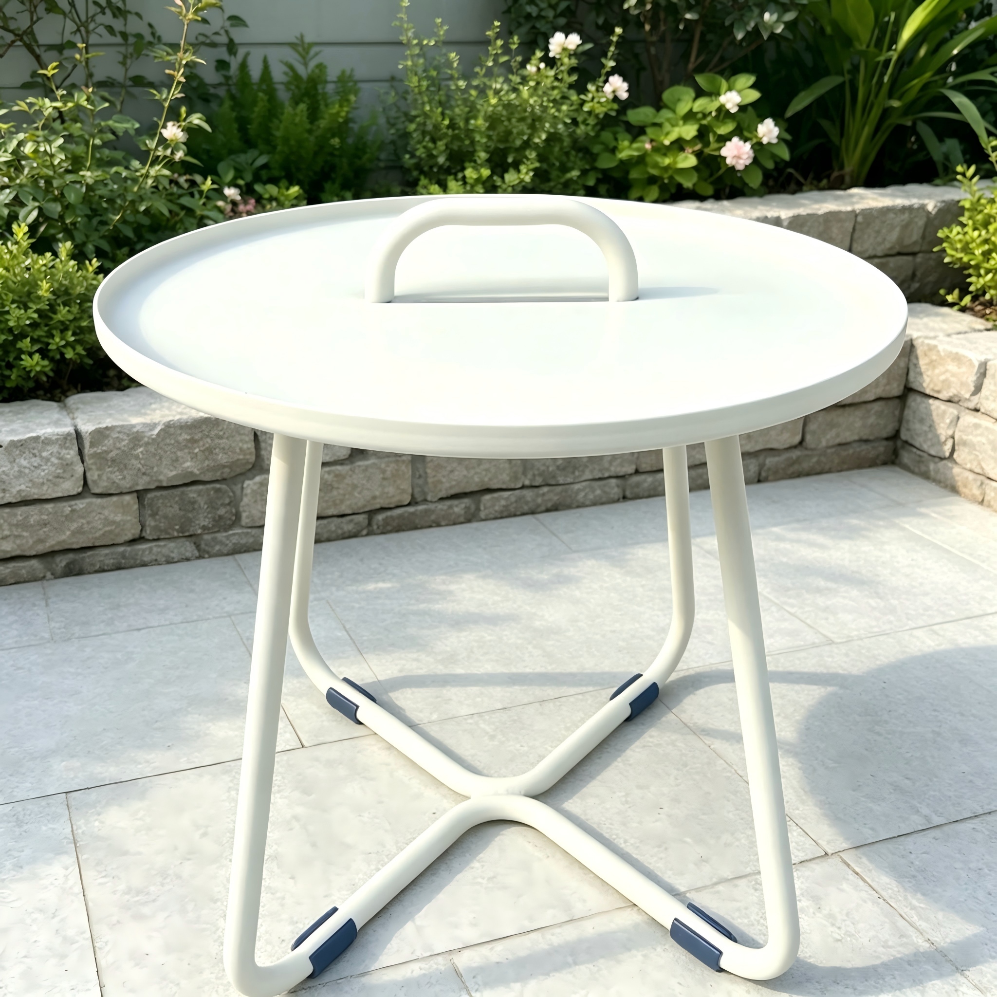 Enkel stil utem&oslash;bler Rund form Pulverlakkert aluminiumsramme Sidebord med h&aring;ndtak for uteplass