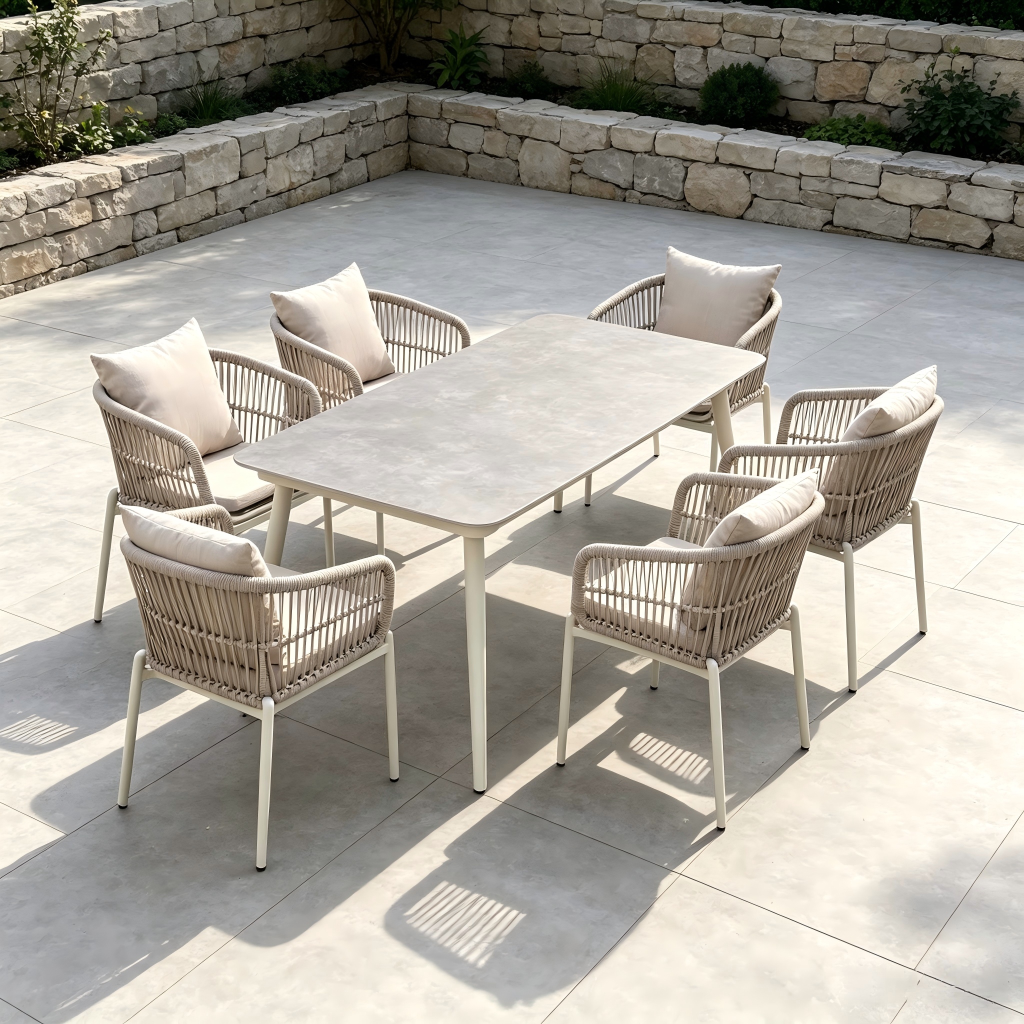 Mobilier de grădină Cadru de aluminiu de culoare bej fr&acirc;nghie &icirc;mpletit scaun de sufragerie cu piatră sinterizată masă dreptunghiulară pentru terasă acasă