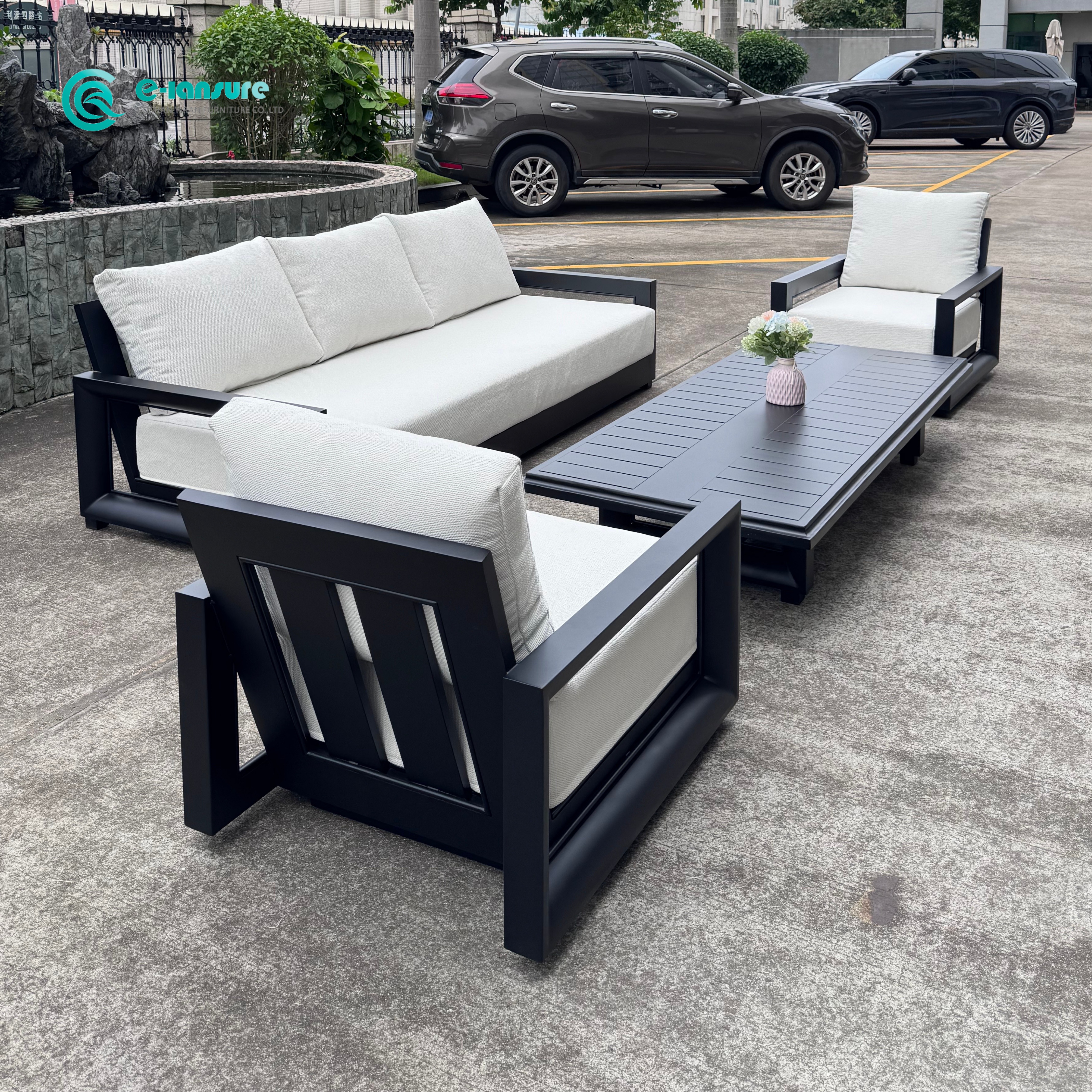 Sof&aacute; de alum&iacute;nio cl&aacute;ssico ao ar livre m&oacute;veis dur&aacute;vel sof&aacute; de jardim assento p&aacute;tio sof&aacute; girat&oacute;rio com mesa de centro para casa villa