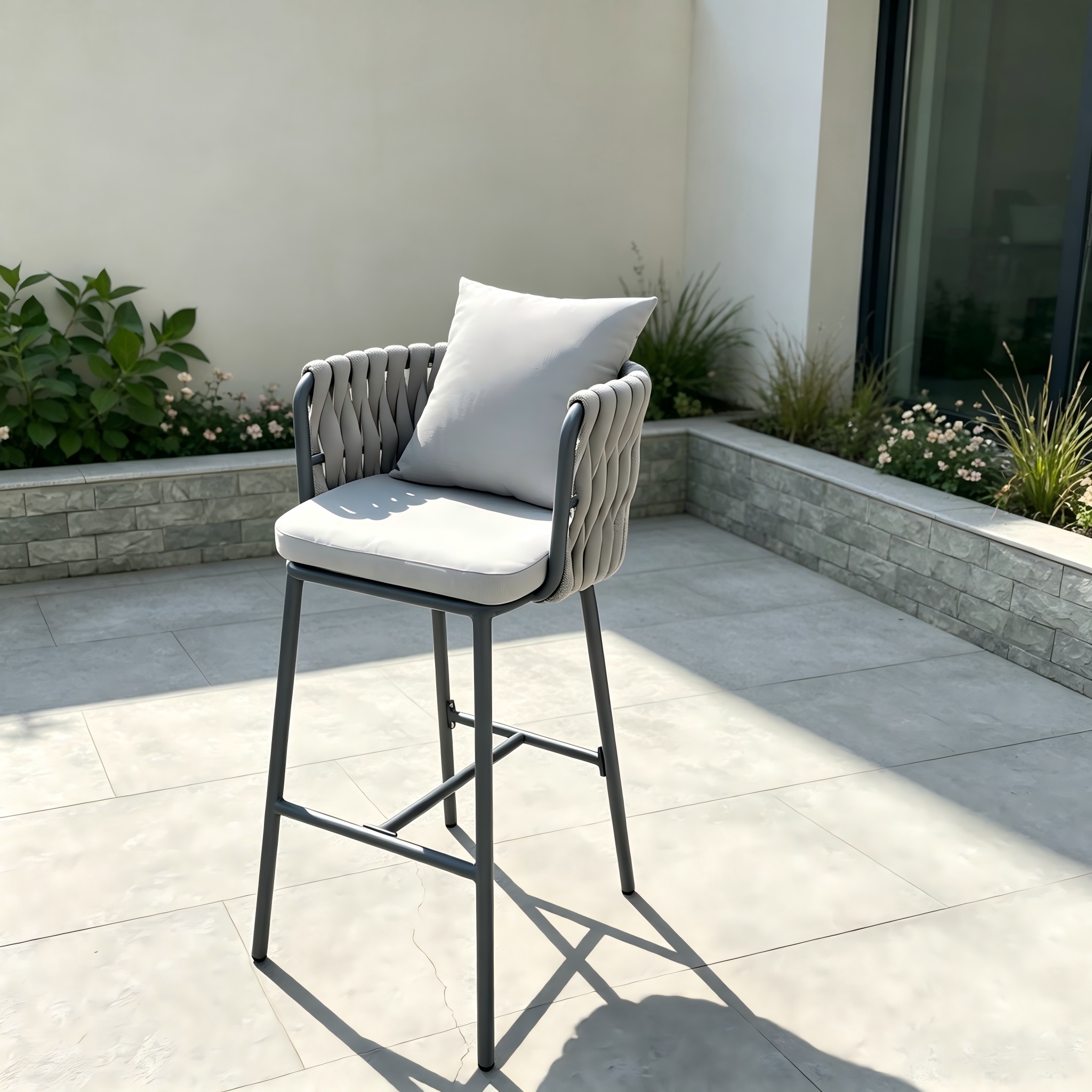 Hei&szlig;er Verkauf M&ouml;bel Serie Outdoor Garten Bar Stuhl Aluminium Rahmen Hohe R&uuml;ckenlehne Stuhl Grau Seil Barhocker mit Kissen