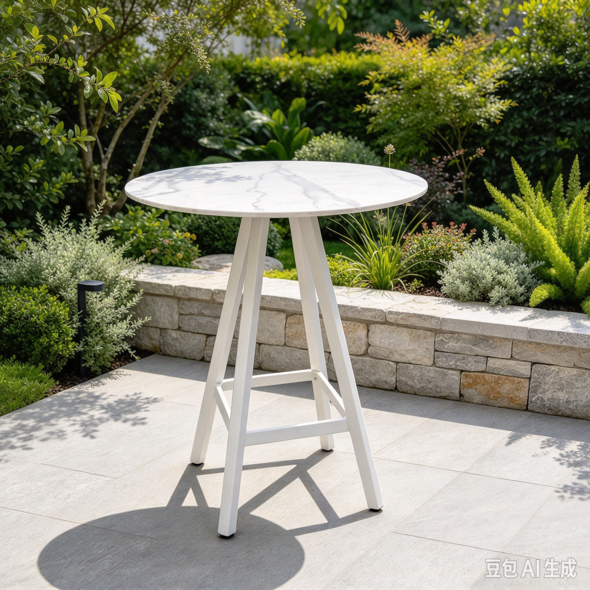 Outdoor Bar Furniture Round Shape White Sintered Stone Top Aluminum Frame High Bar Table na may KD Legs Para sa Garden Cafe Shop