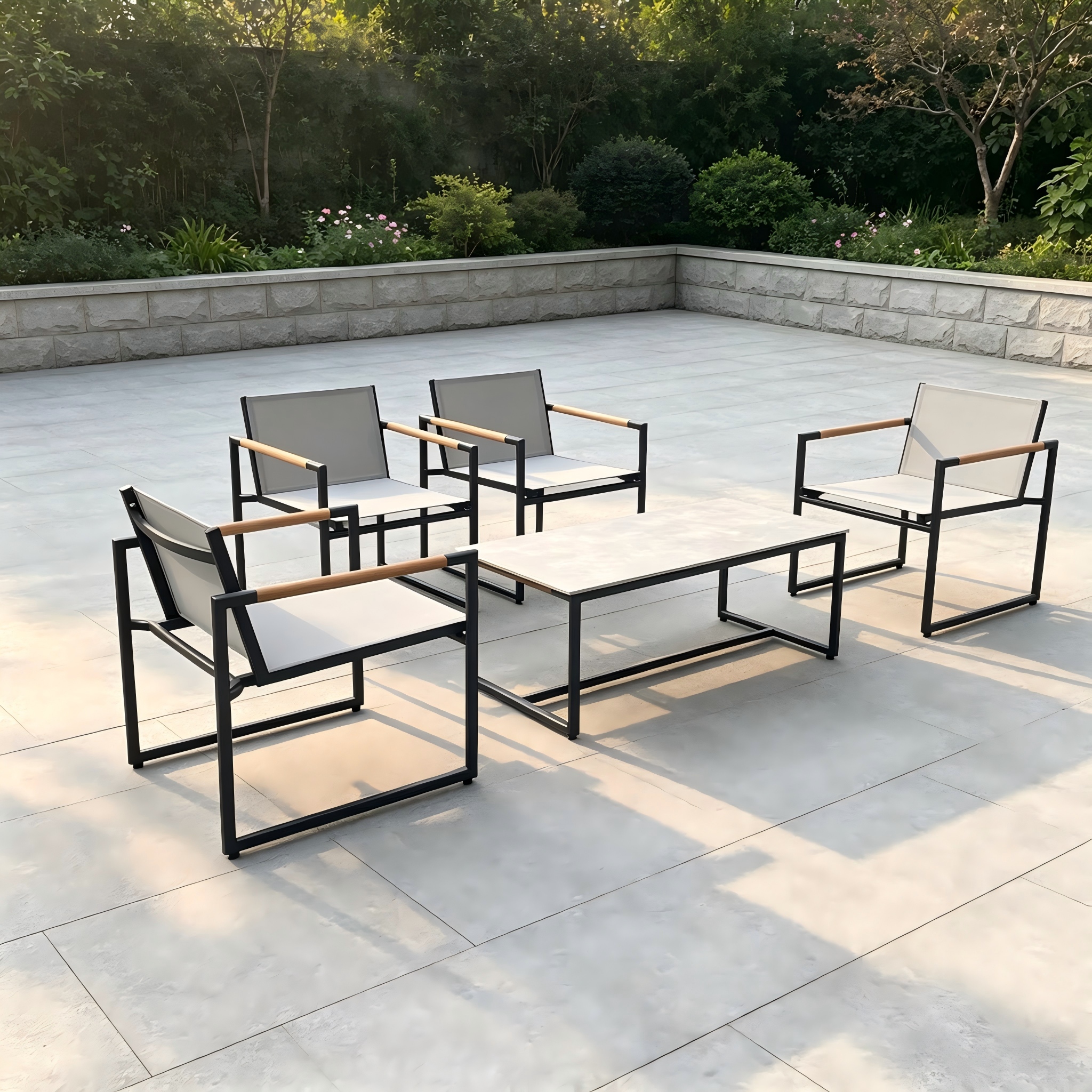 Minimalistiske udend&oslash;rs sofam&oslash;bler Holdbar aluminiumsramme Sofastol med krydsfinerarml&aelig;n Havesofa Sofabordss&aelig;t