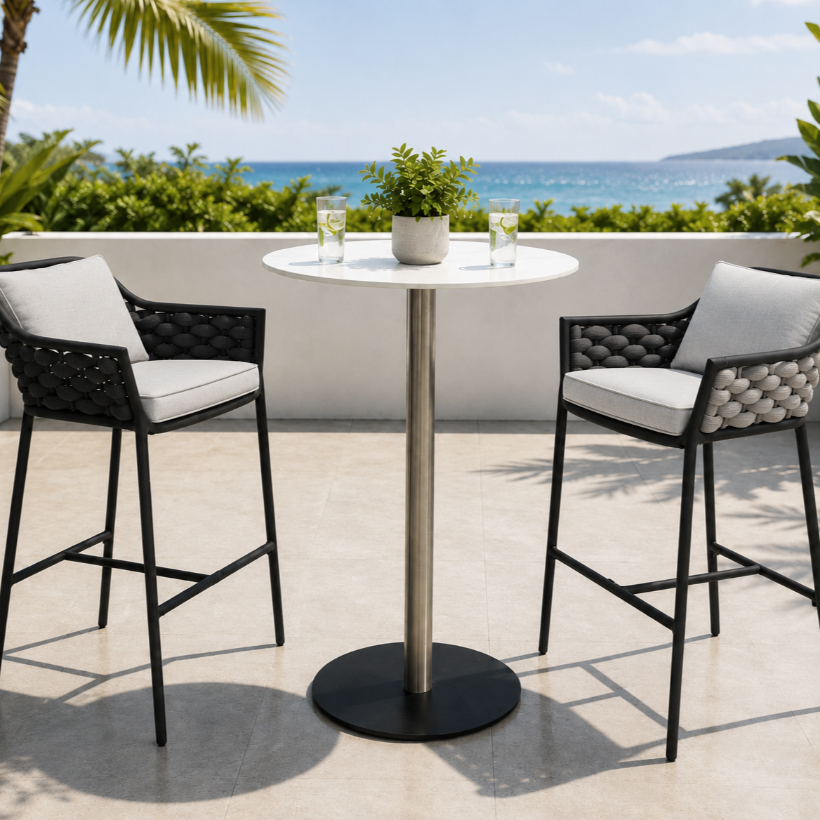 Groothandel Minimalistiese Buitelug Tuinmeubels Aluminium Bar Stoel Stel Alle Weer Geweven Tou Barstoeltjie Vir Hotel Poolside