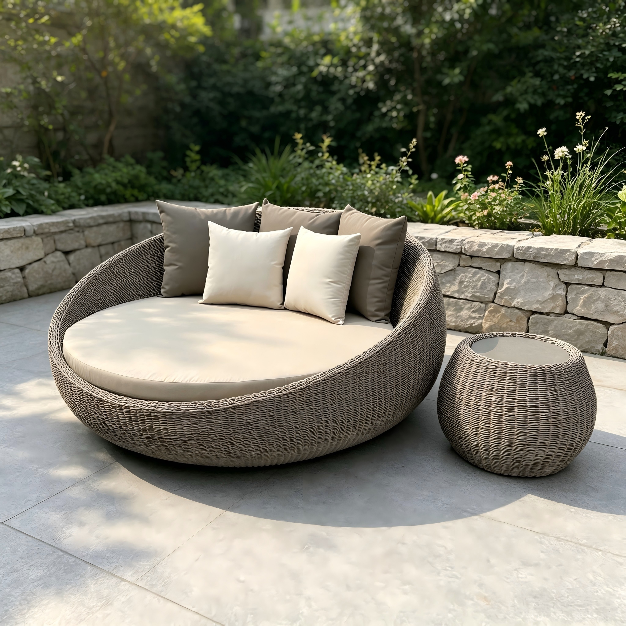 Minimalistische Outdoor-Sonnenliege, hochwertiger Aluminiumrahmen, Gartenm&ouml;bel, runde Liege am Pool, mit PE-Rattan f&uuml;r Hotelresort