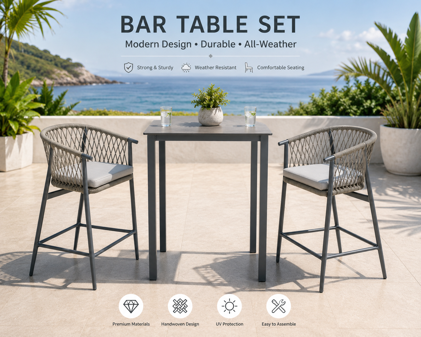Esclusivo sgabello da bar con braccioli intrecciati in corda intrecciata con poggiapiedi per patio