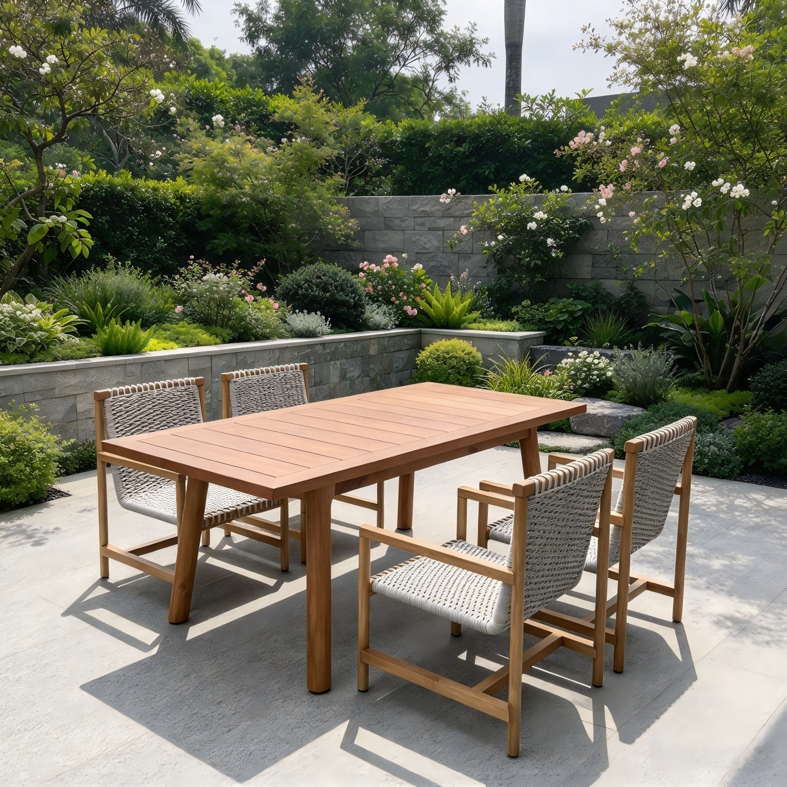 Outdoor-Essgruppe im Retro-Stil, Esszimmerstuhl aus Teakholz mit geflochtenem Seil und rechteckigem Tisch