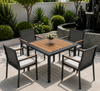 Minimalistiese styl buite-eetmeubels Aluminiumraam eetkamerstoel met hout armleuning patio 4+1 eetkamerstel vir huis binnehof