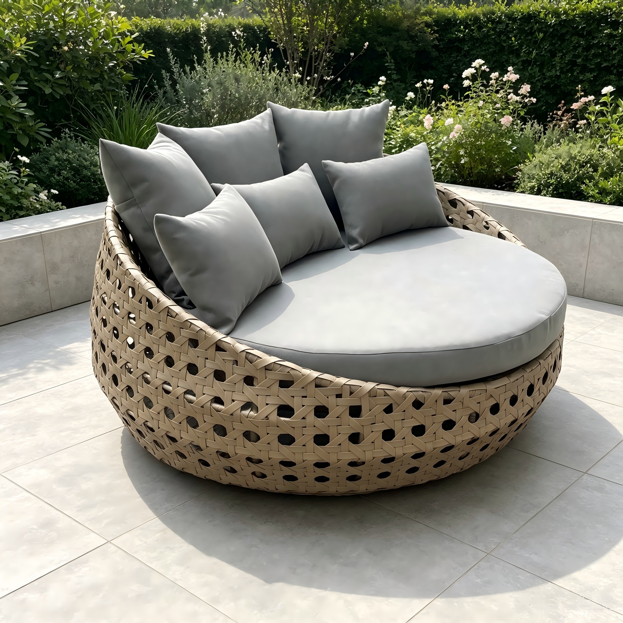 Gaya Retro Perabot Luar Kualiti Bingkai Aluminium PE Rotan Bulat Daybed Dengan Kusyen Kalis Air Untuk Halaman Taman Rumah