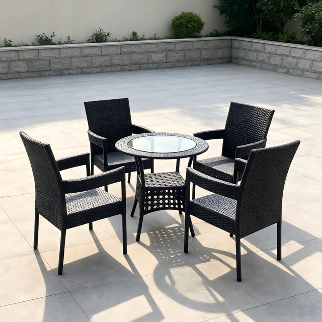 Perabot Taman Gaya Klasik Kerusi Makan Bingkai Aluminium Dan Meja Rotan Hitam 4+1 Set Makan untuk Restoran Teras Luaran