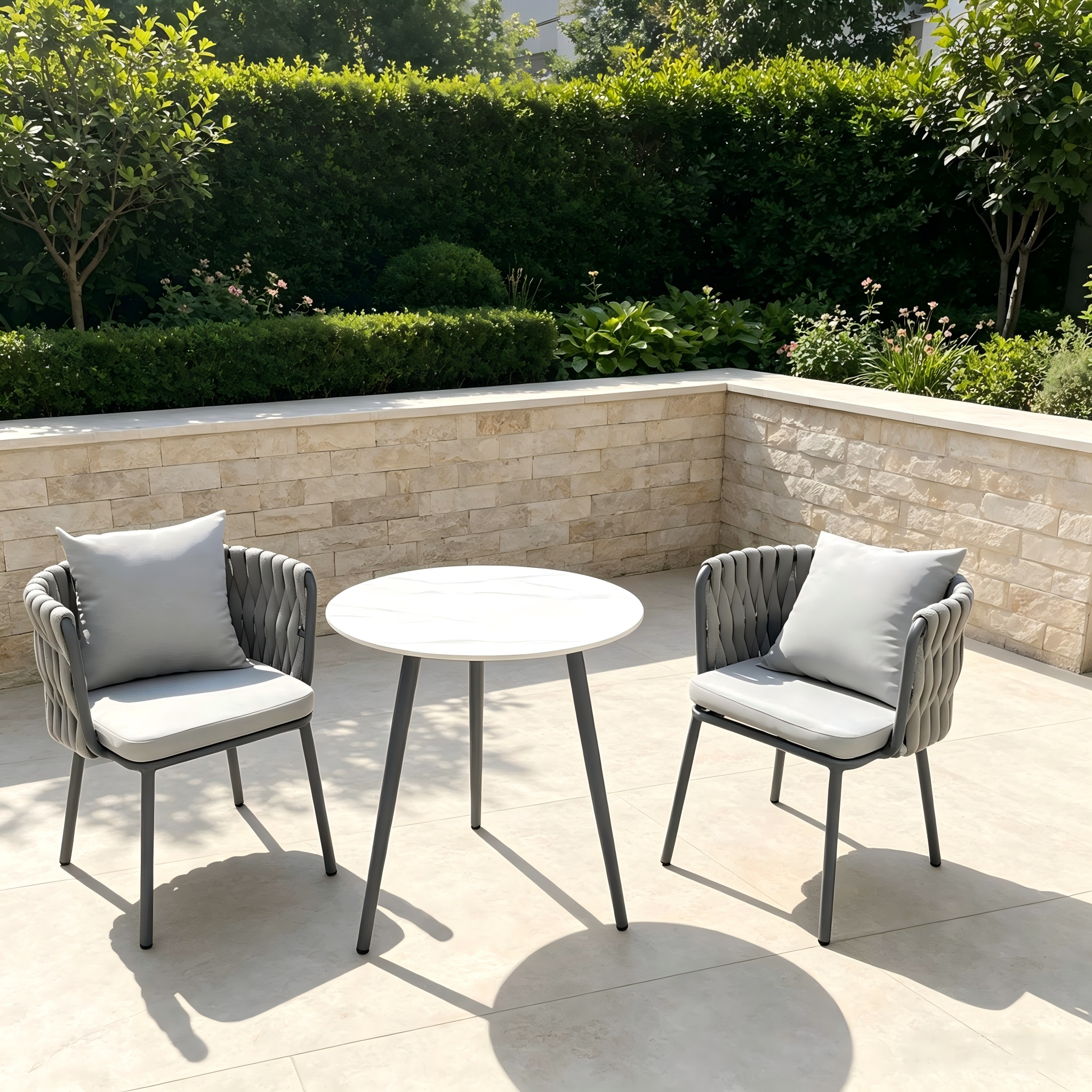 Modern&iacute; a minimalistick&yacute; design venkovn&iacute;ho pleten&eacute;ho lana Sada j&iacute;deln&iacute;ch židl&iacute; a stolu s hlin&iacute;kov&yacute;m r&aacute;mem pro zahradn&iacute; terasu