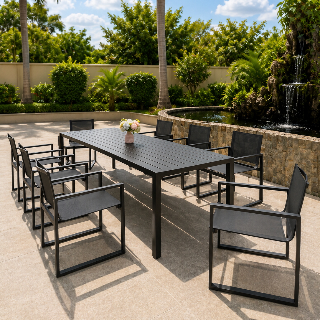 Moderne, einfache Outdoor-Essm&ouml;bel mit Aluminiumrahmen und Textilene 8+1 Terrassen-Esszimmerstuhl mit langem Tischset f&uuml;r den Innenhof der Villa